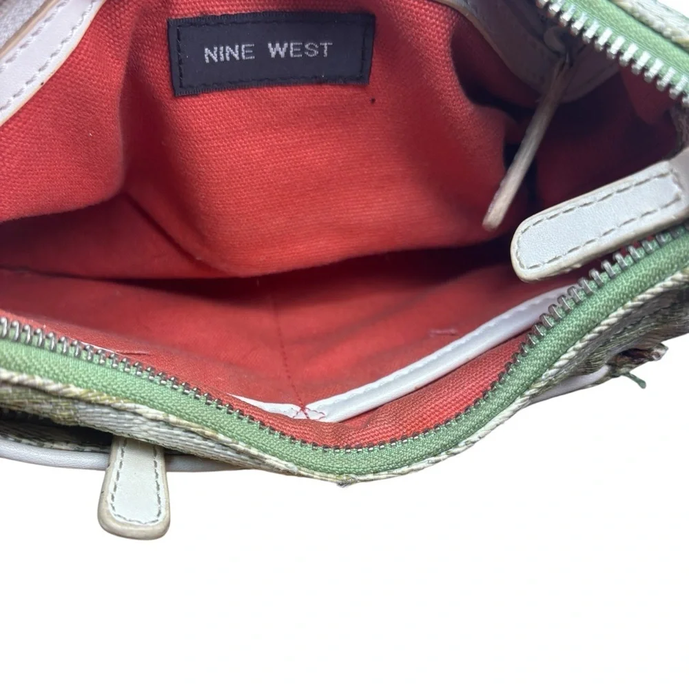 Nine West Green Ivory Geometric Print Shoulder Bag Fabric Faux Leather Trim - Picture 6 of 11